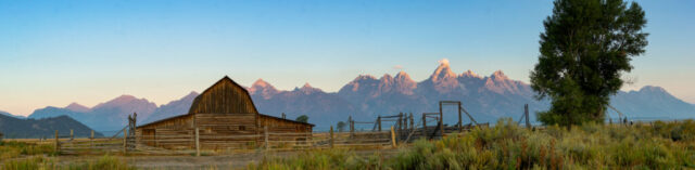 Grand Tetons panorama at Mormon Row during sunrise.